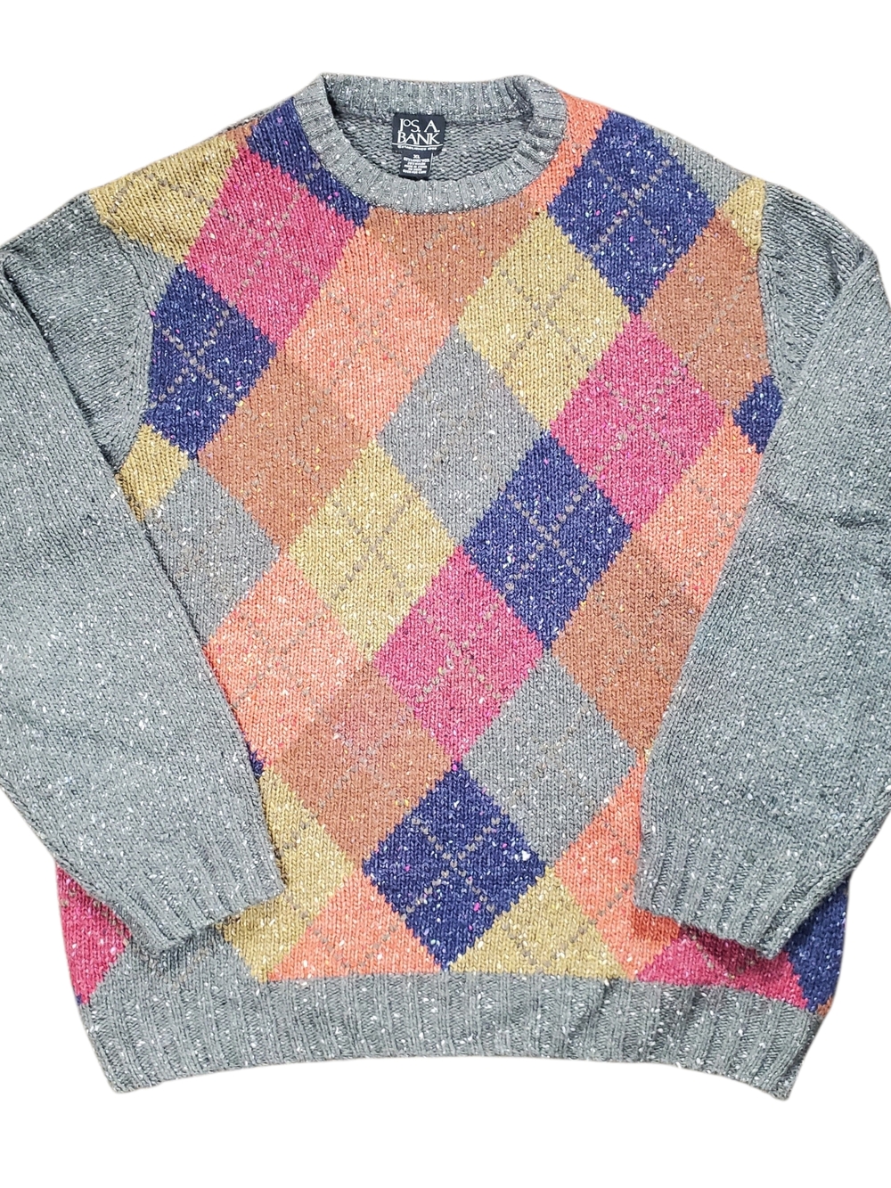 Vintage Jos A Bank Sweater Mens XL Argyle Knit Colorful Grandpa Preppy Golf